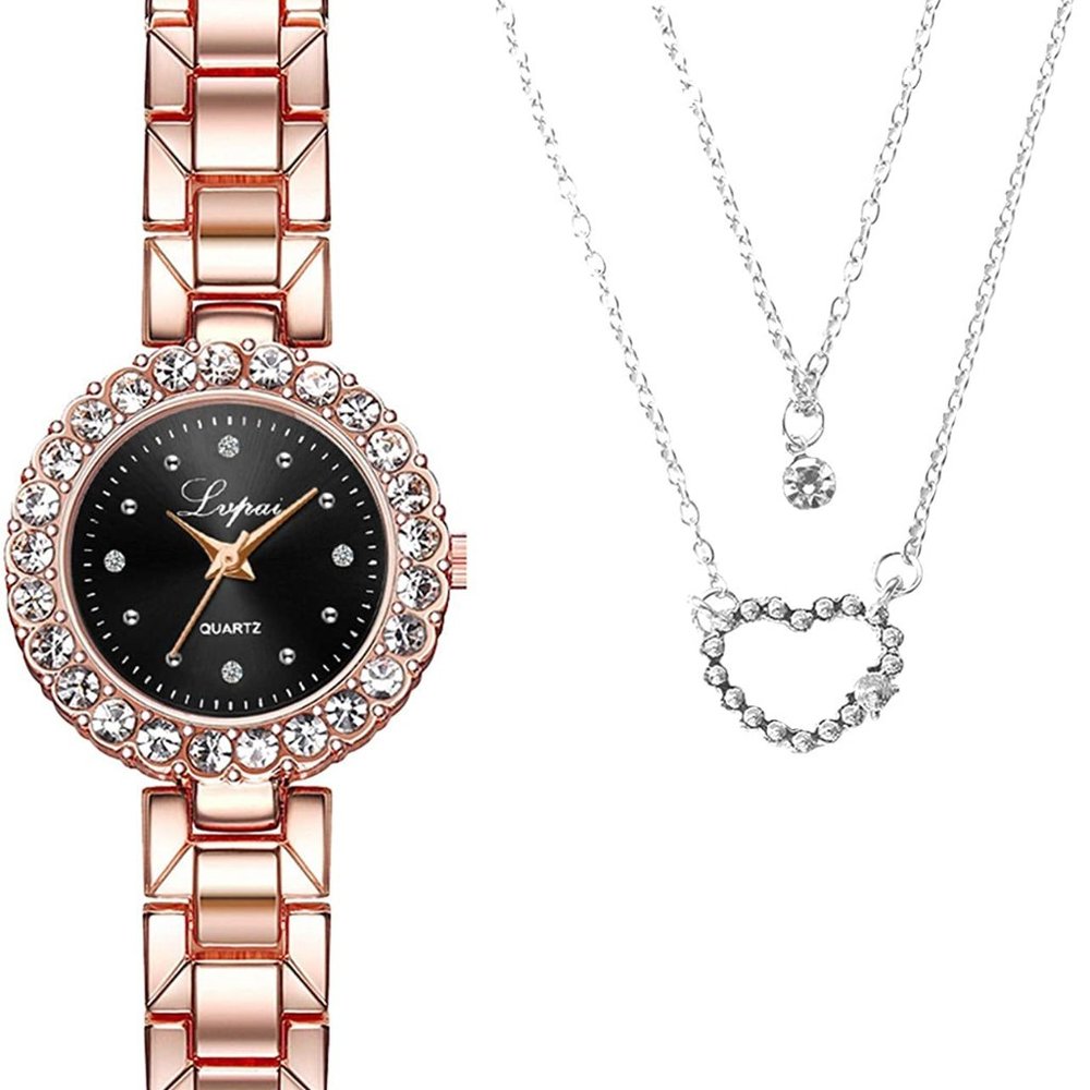 Rose Gold Watch + Necklace Ladies Gift Set